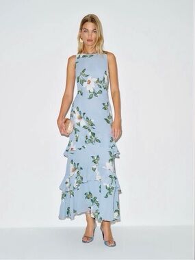 Reformation Sky Blue Floral Ruffle Maxi Dress